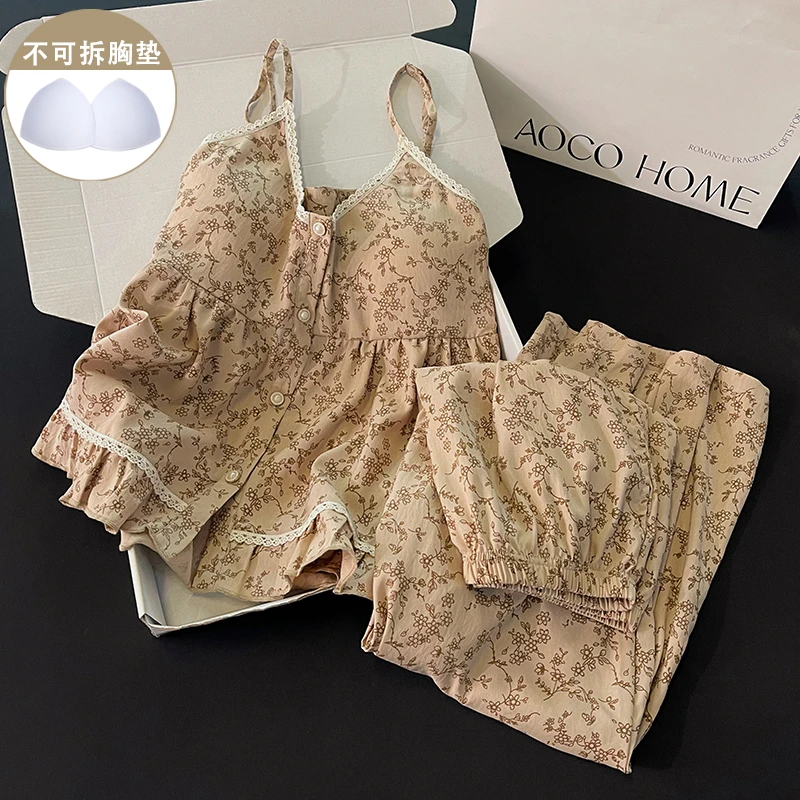 网红睡衣女新款夏季带胸垫性感吊带长裤休闲小个子甜美舒适家居服
