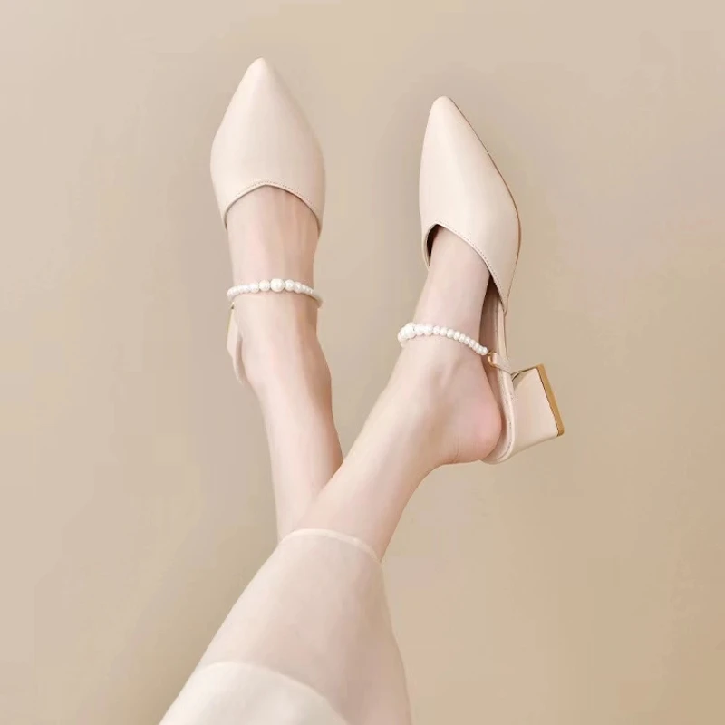 串珠凉拖女2024夏季新款尖头凉鞋中跟休闲舒适防滑包头半拖鞋外穿