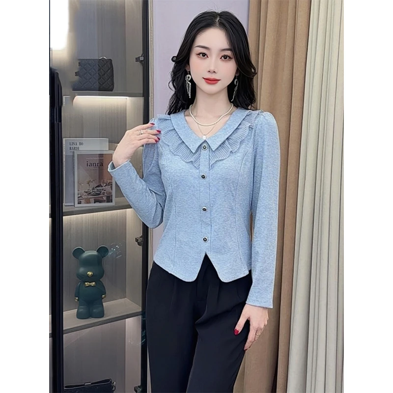 拉夏贝尔时尚温柔风小衫女早秋小个子洋气娃娃领T恤减龄气质上衣