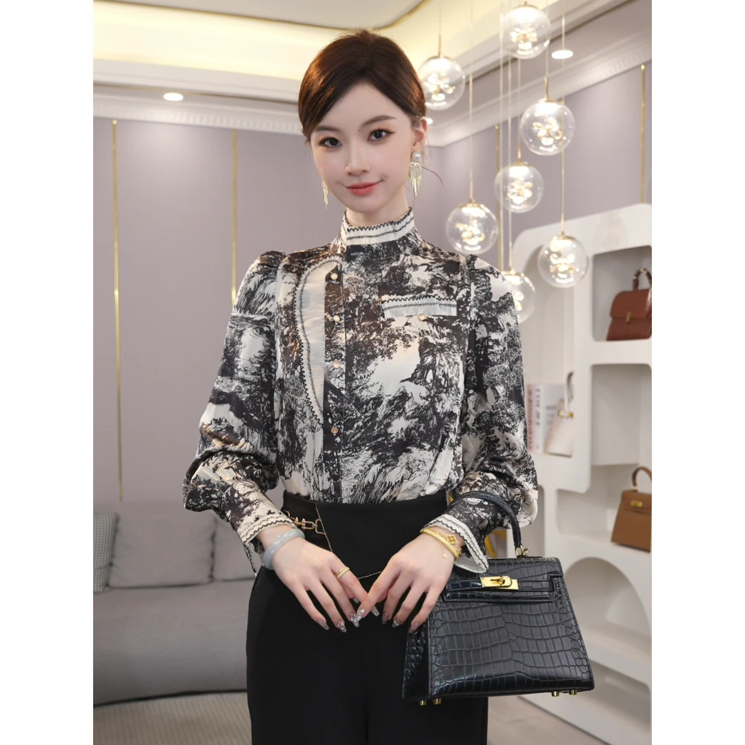 薄款现货2025秋季【CHUN-LT23-Q67】高级感小众水墨画衬衫气质上衣