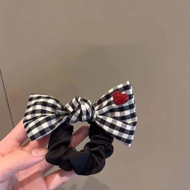 小众设计韩国减龄布艺格子蝴蝶结绑头发大肠发圈头绳高级感韩系
