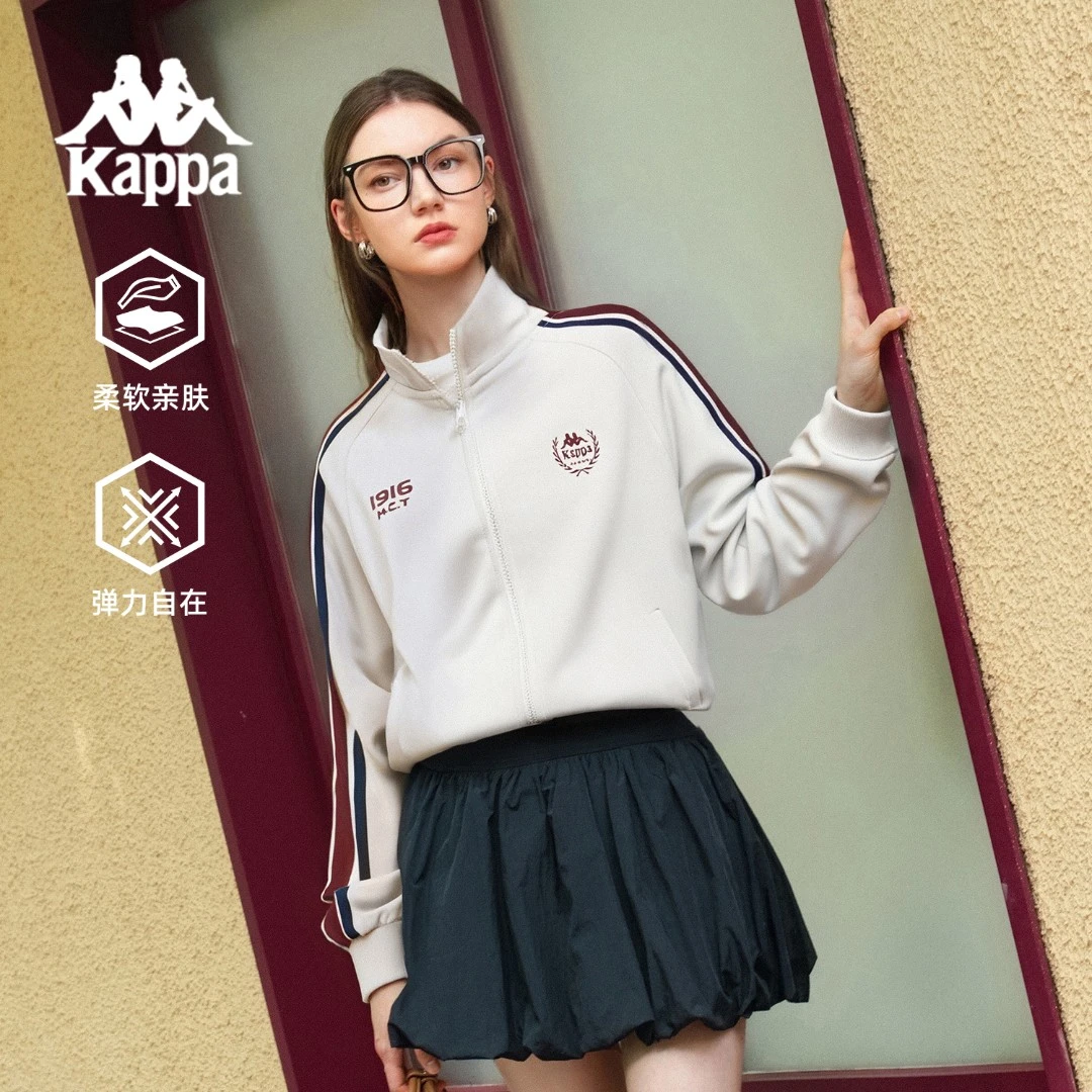 kappa卡帕运动立领时尚休闲女秋季复古运动宽松开衫夹克组合套装