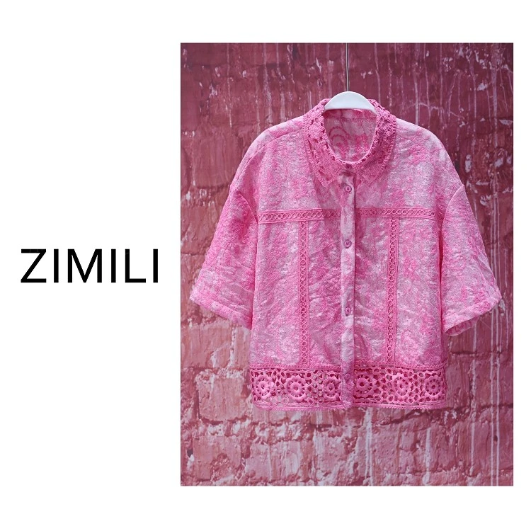 【亮哥女装】2025欧版初荷粉蕾丝拼接时尚轻薄透气短袖衬衣9721-C4