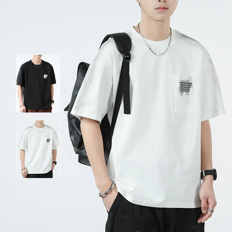 夏季短袖夏季拼色男T恤刺绣半袖男装重磅t恤复古打底衫薄款