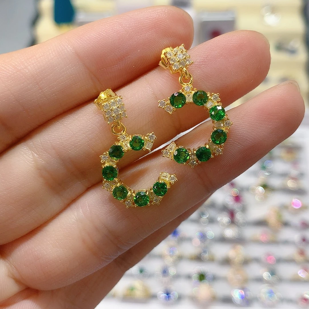 耳钉透辉石银S925镶嵌