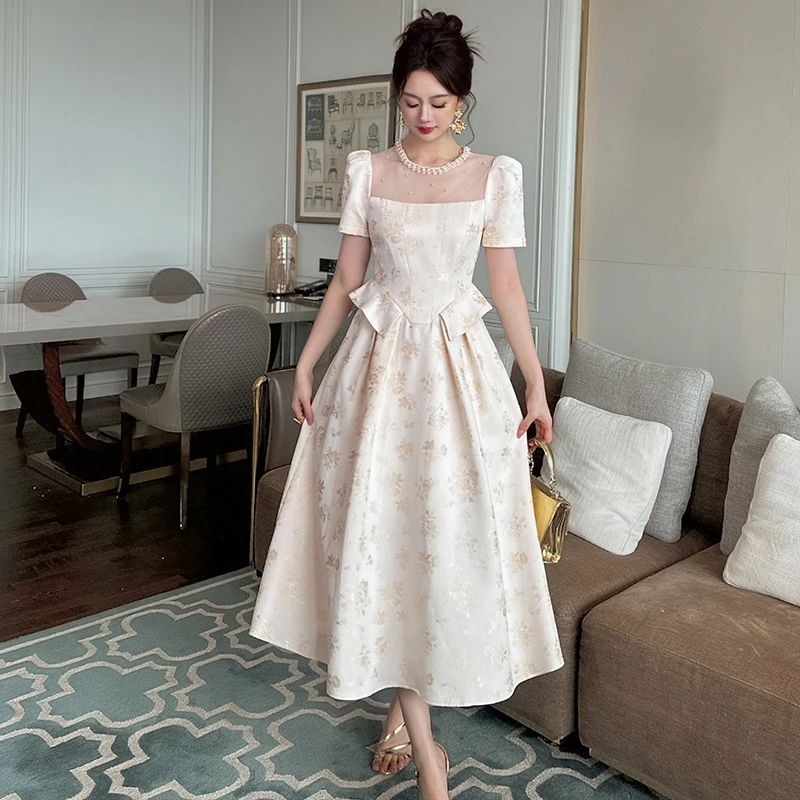 长款方领裙子连衣裙显瘦气质夏季复古法式21727