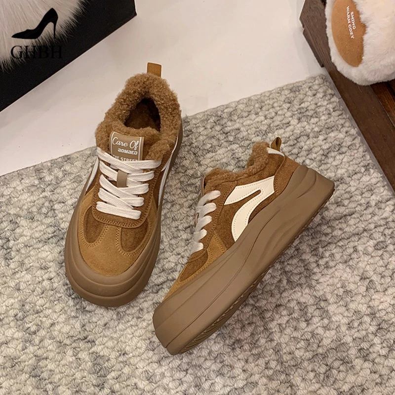 加绒厚底德训鞋女冬新款保暖增高百搭运动欧美鞋厚底防滑板鞋