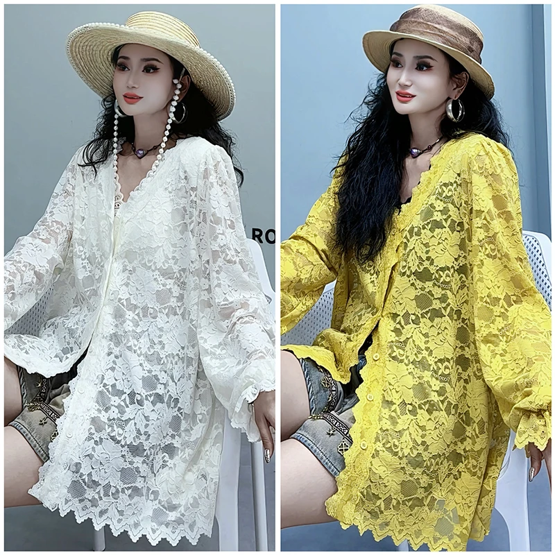 高级感V领蕾丝钩花衬衫女2025春秋气质镂空内搭上衣衬衫-98381