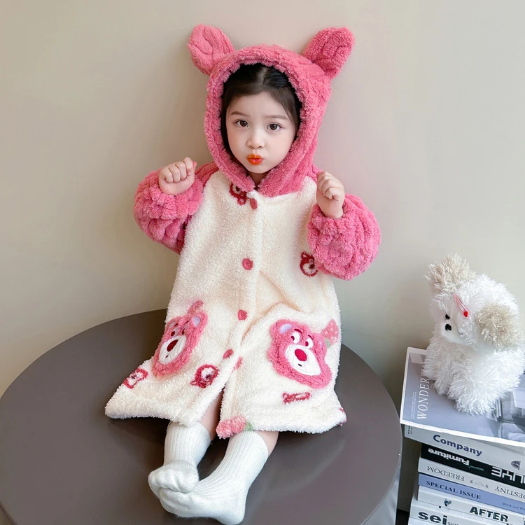 儿童睡袍珊瑚绒女孩宝宝可穿式浴巾连帽睡衣秋冬季法兰绒女童浴袍