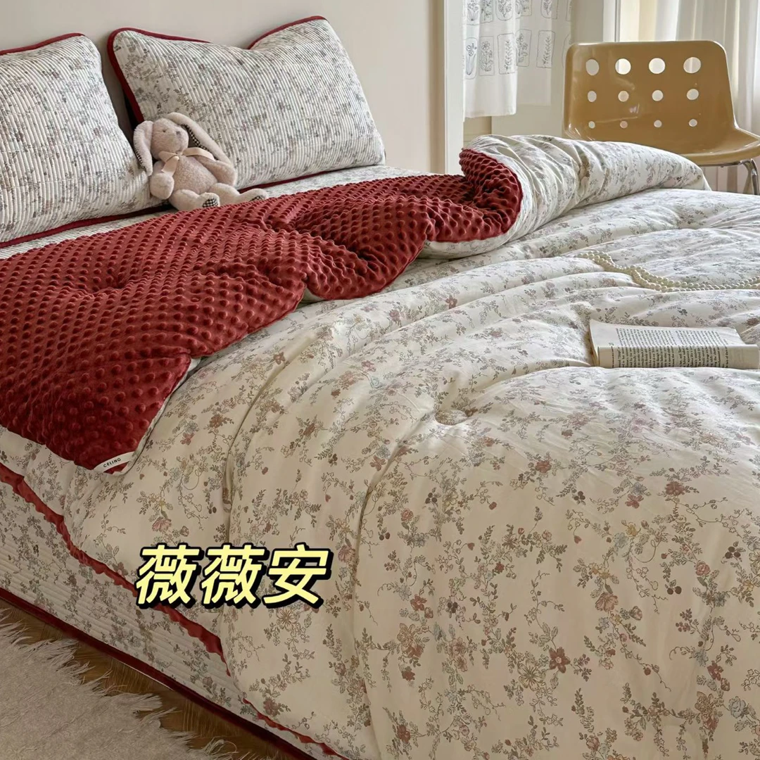 秋冬新款棉加绒床盖绒被盖被冬被被子豆豆被加厚绗缝双面可用