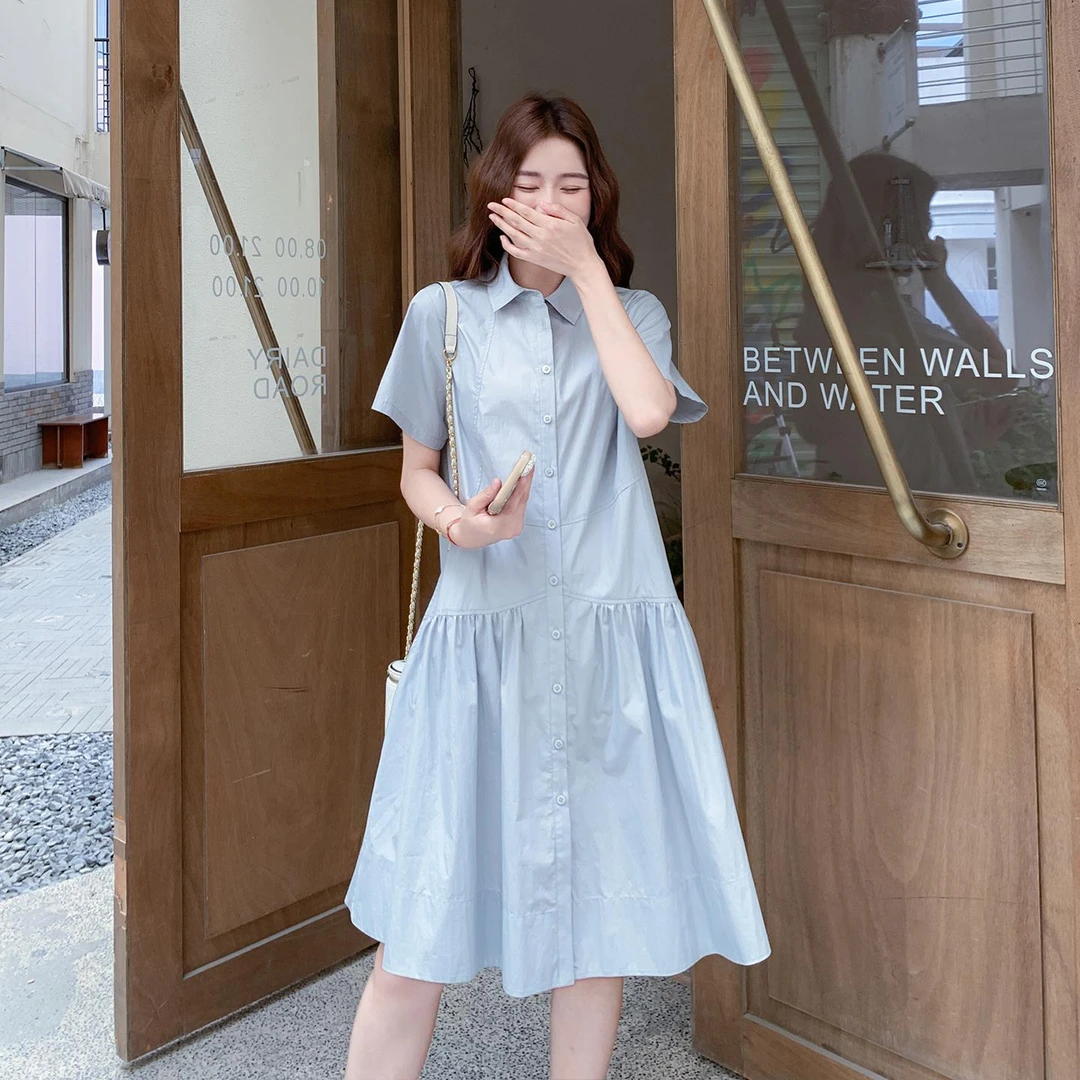 学院风蓝色连衣裙女2025夏季新款韩系小清新甜美减龄小个子衬衫裙