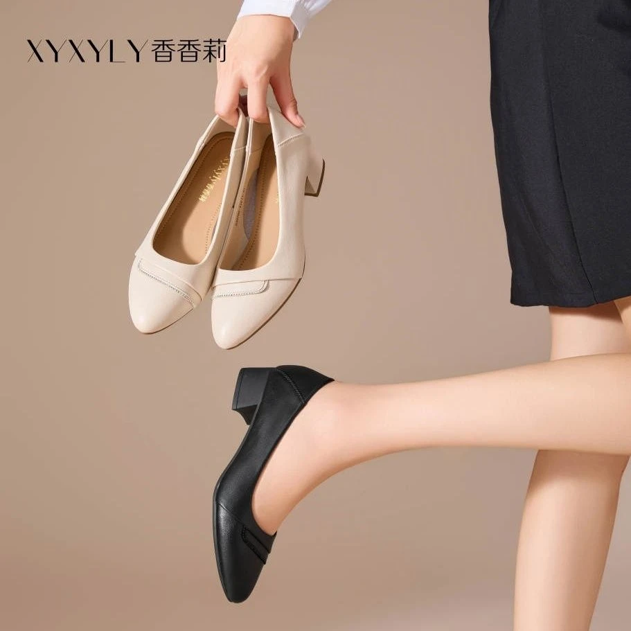 香香莉女鞋30765春秋法式单鞋浅口圆头复古粗跟通勤工作鞋2025秋