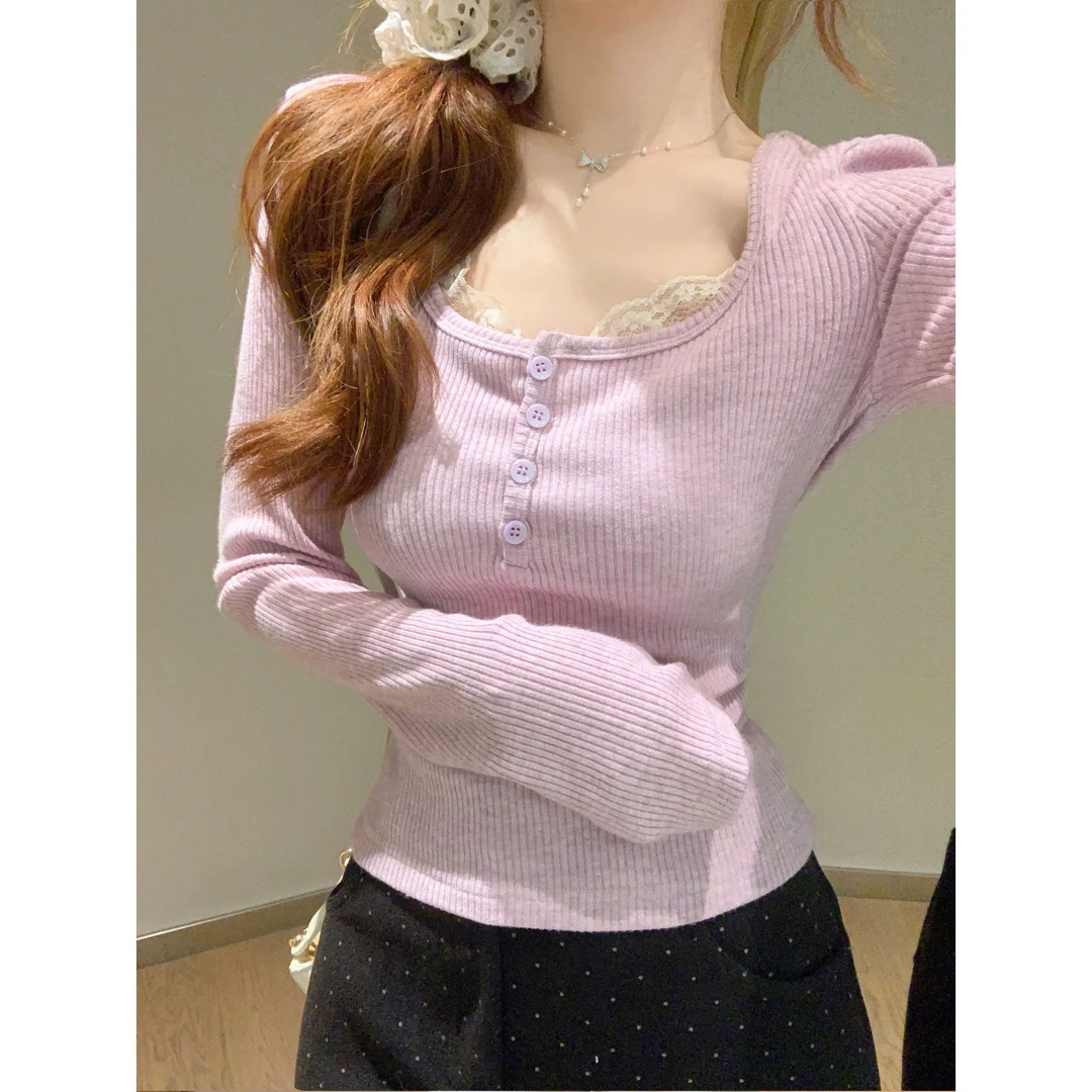 早春韩版温柔风方领蕾丝拼接T恤2025新款纯欲纽扣修身显瘦长袖