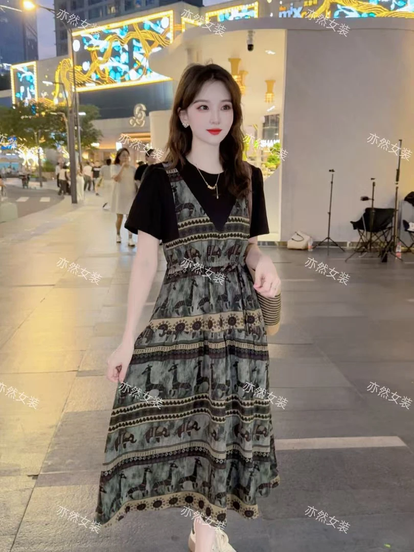 【亦然独家款】连衣裙女2025夏新款新型花色度假风假两件中长连衣裙