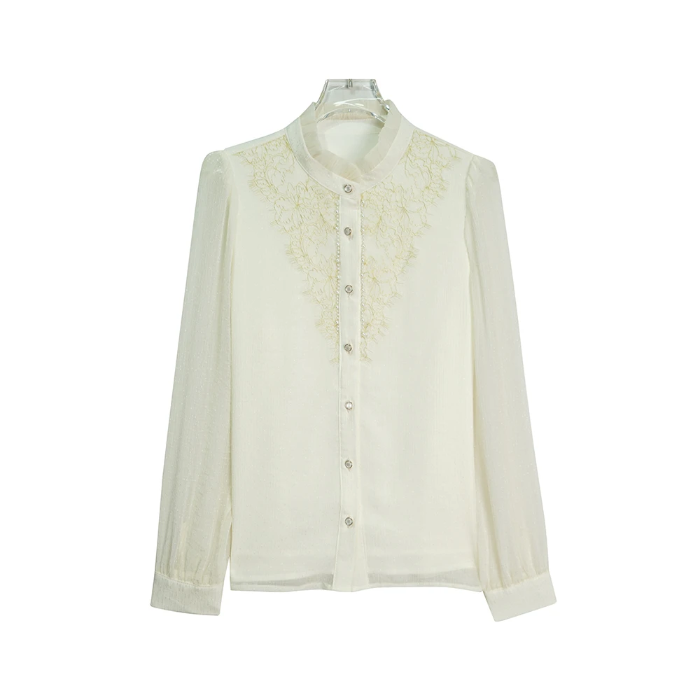 气质复古立领木耳边金丝刺绣单排扣长袖衬衫X24166