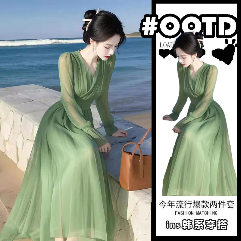 2025春季新款多巴胺绝美裙子法式气质修身海边度假绿色雪纺连衣裙