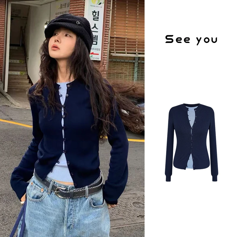 新款时尚百搭休闲V领修身纯色假两件针织开衫单排扣长袖毛衣 z131