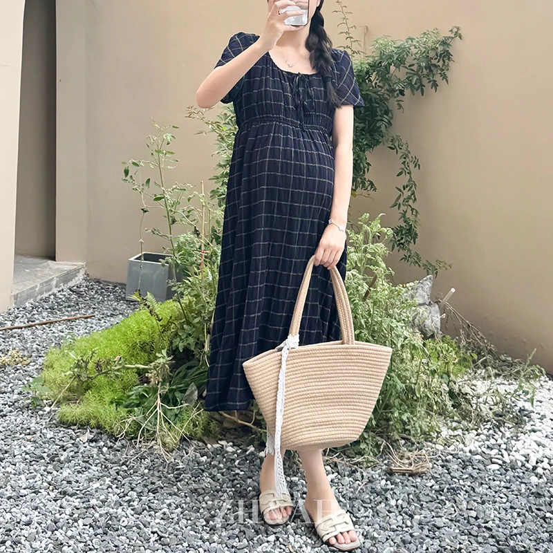 ZH&AH【法式浪漫】夏季新款时尚气质百搭设计感孕期通勤格纹连衣裙