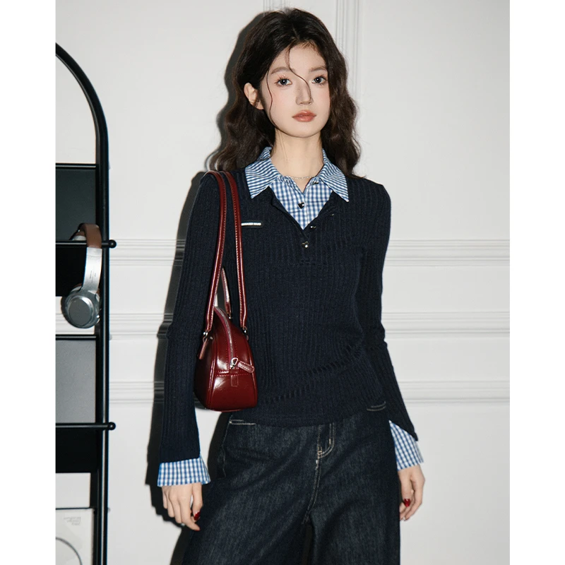 美式复古假两件长袖t恤女2025春秋新款高级气质设计感修身针织衫