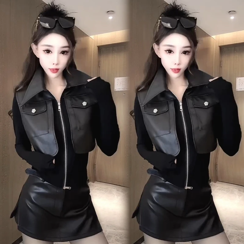 冬季新款小衫女纯色百搭韩版拼接皮马甲T恤洋气轻奢设计感打底衫