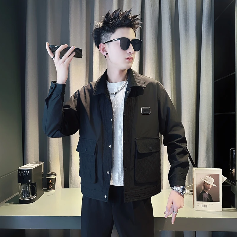 设计感拼接外套男款春秋季2025新款网红洋气炸街男装痞帅翻领夹克