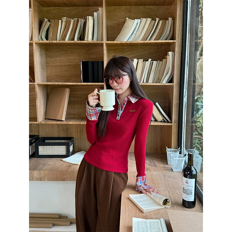 韩系红色polo领格子拼接长袖T恤2025女春季休闲风打底衫内搭上衣