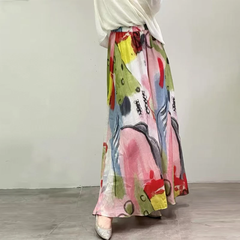 原创设计洋气春夏撞色100%苎麻透气凉爽高腰大摆半身裙中长款半裙