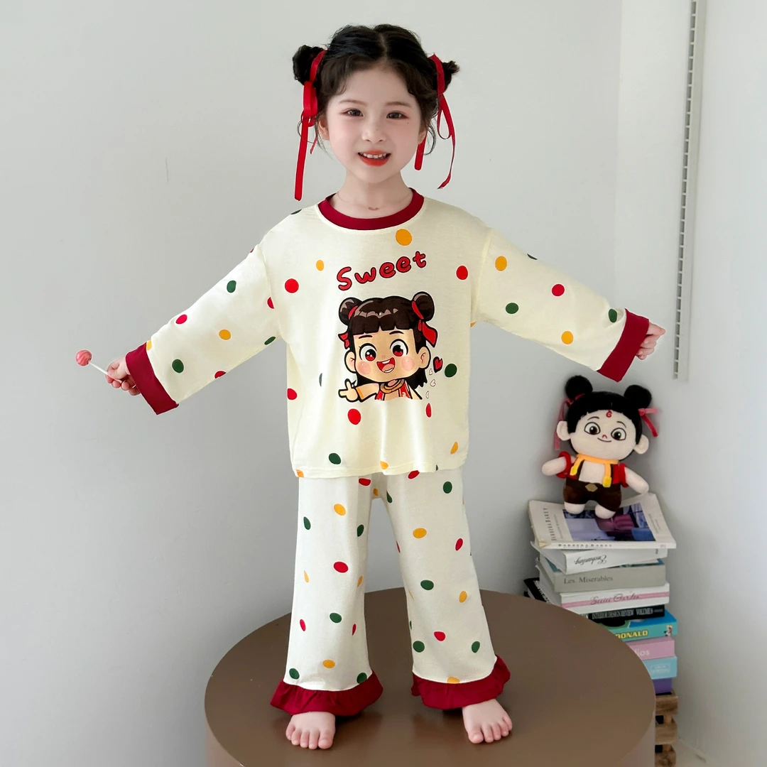 女童睡衣套装春秋莫代尔长袖长裤花边圆点哪吒可爱家居服中小童款