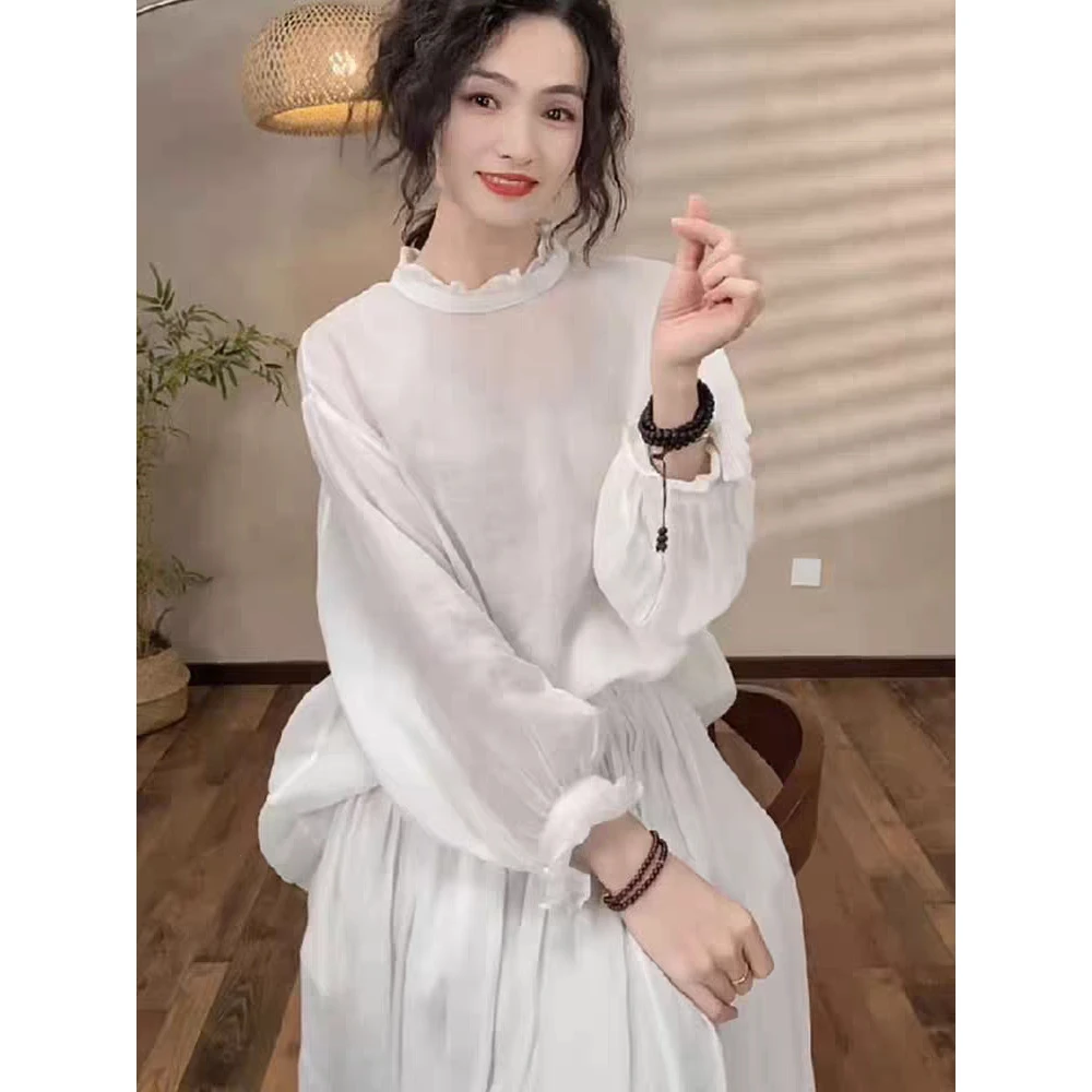 花边领天丝纯色衬衫女2025年春夏优雅文艺宽松格调减龄活泼感衬衣