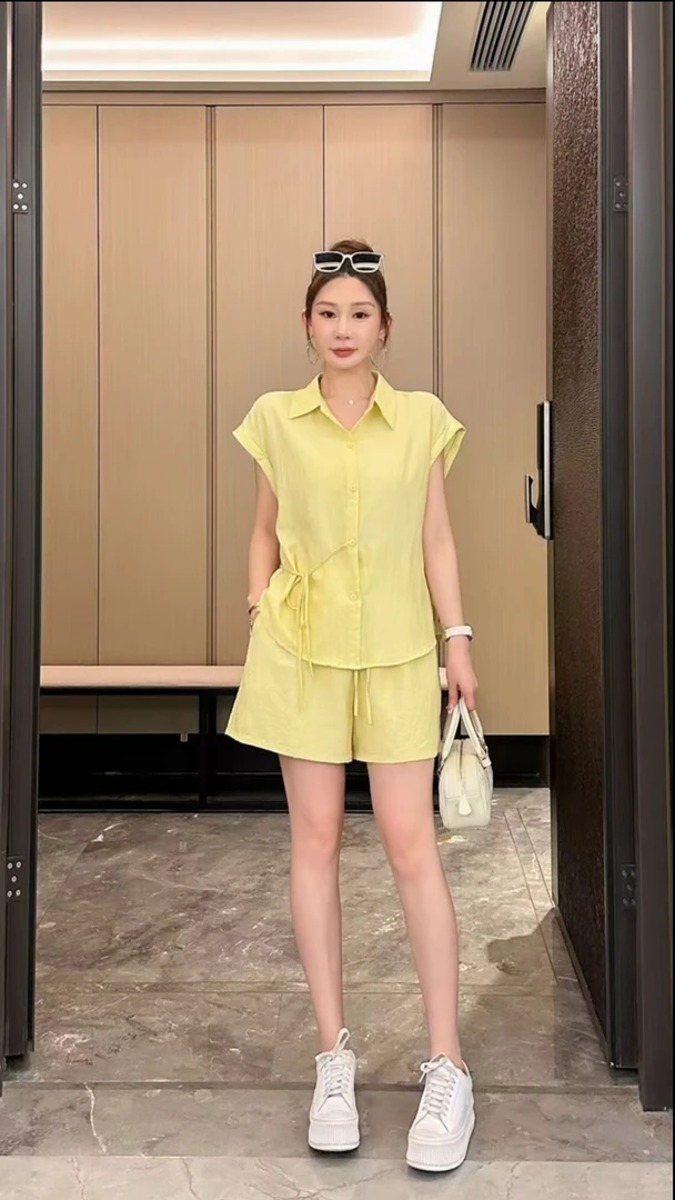 8789#夏季新款洋气减龄系带收腰显瘦衬衫上衣短裤两件套（衣59裤40
