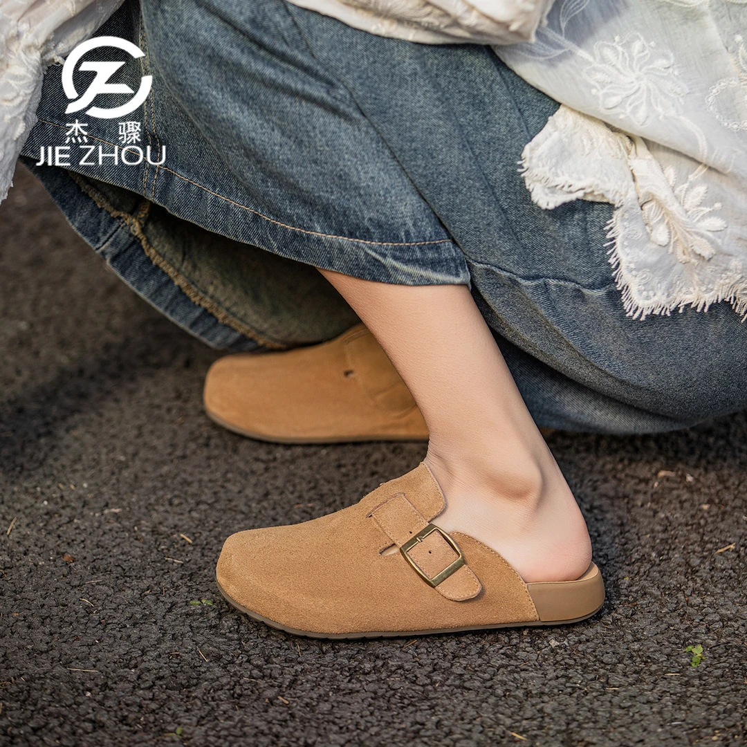 杰骤春秋款磨砂牛皮勃肯包头拖鞋女真皮厚底外穿半拖鞋一脚蹬单鞋