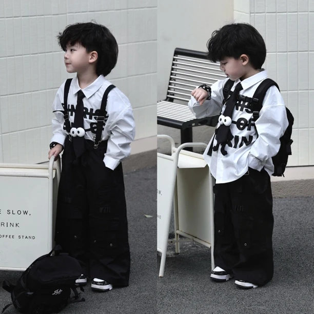 【现货】Jimmy妈童装 生日必备春季新款儿童印花大眼睛可爱领带衬衫