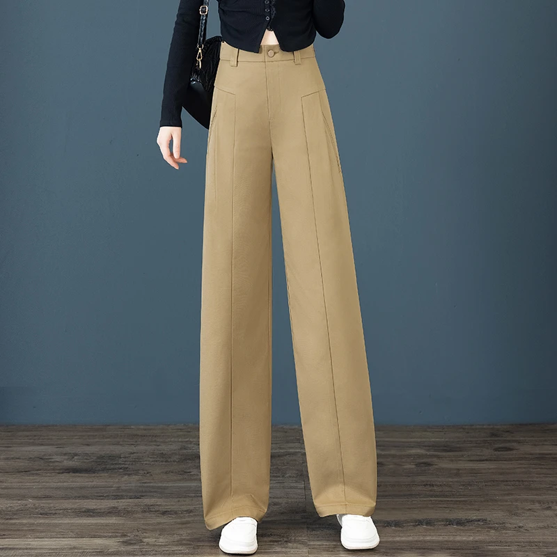卡其色阔腿裤女士春秋新款宽松休闲高腰显瘦直筒西装裤子2501