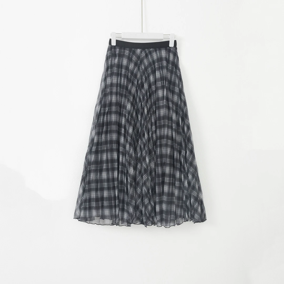 几里与麻 松紧腰垂感显瘦格纹大摆裙 裙长88 2081154