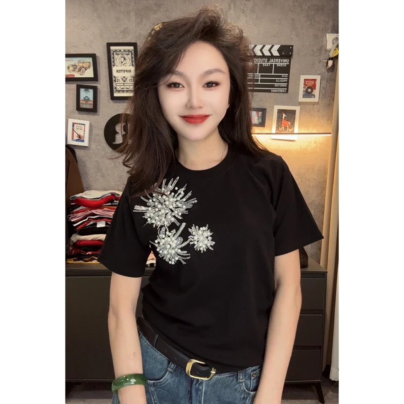 纯手工订珠短袖T恤女宽松百搭棉T柔软亲肤减龄上衣