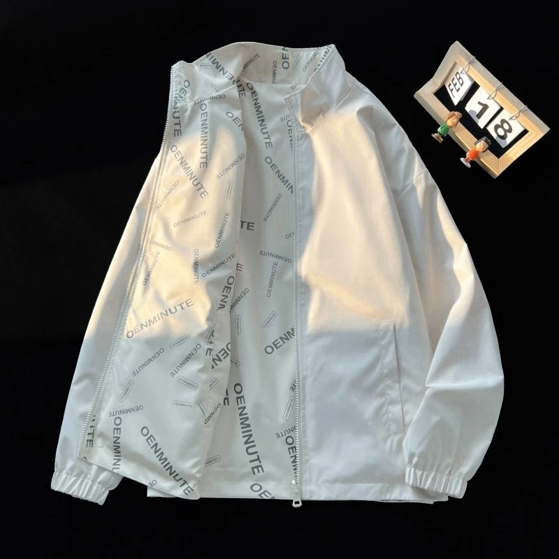 品牌新款双面穿外套男春秋季青少年潮牌宽松情侣款印花夹克立领