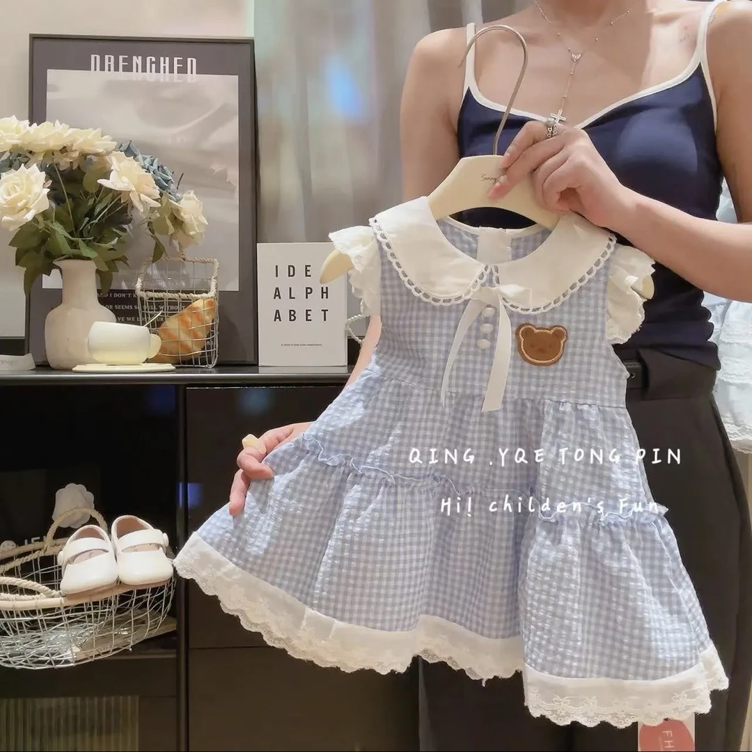 女童2025洋气蛋糕裙甜美可爱风格子洋气夏季无袖超萌女童连衣裙