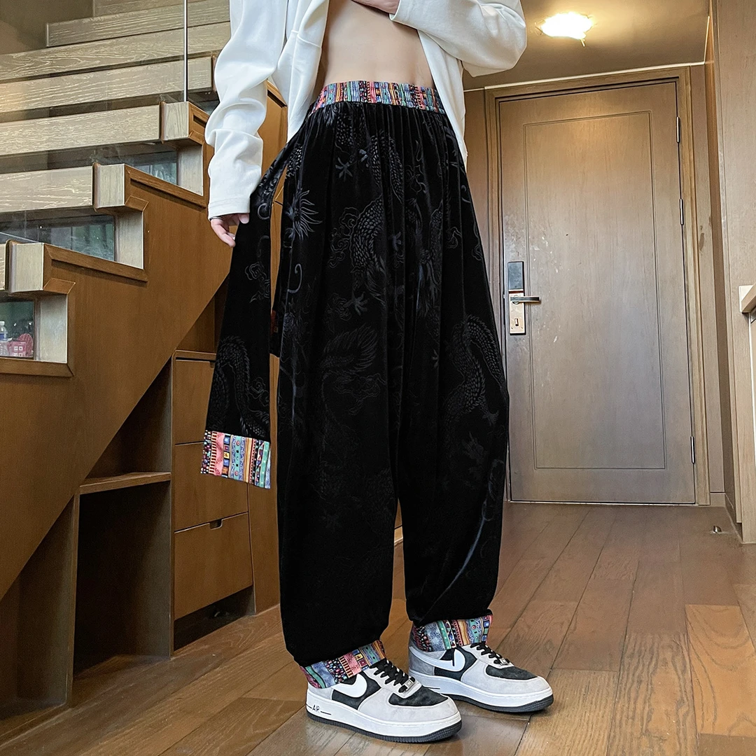 新中式男装高级感金丝绒运动裤男秋冬季中国风龙纹提花宽松哈伦裤