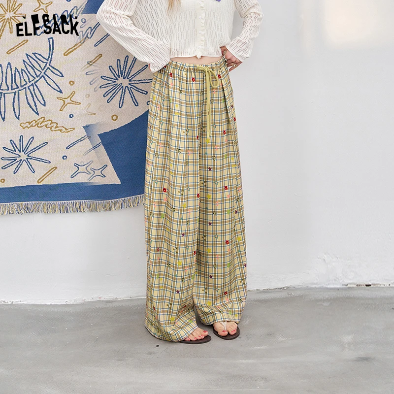 妖精的口袋彩色星星格子阔腿裤女2025年夏季新款慵懒风直筒裤子