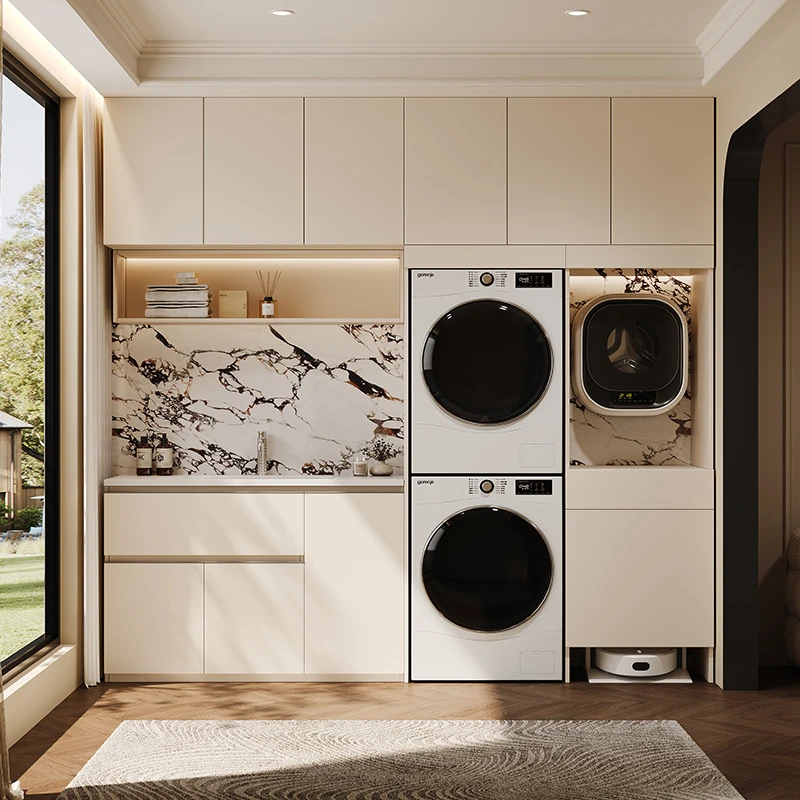 多功能浴室阳台通顶洗衣机一体柜带晾衣杆脏衣篓扫地机器人收纳柜