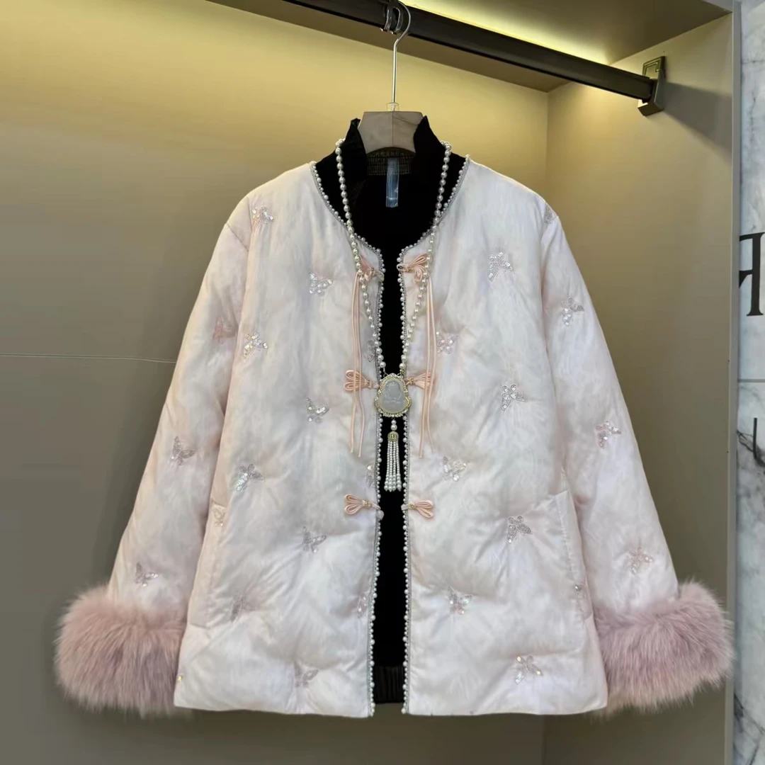 依宜2025胖mm蝴蝶亮片时尚加厚高品质新中式设计感轻奢气质外套