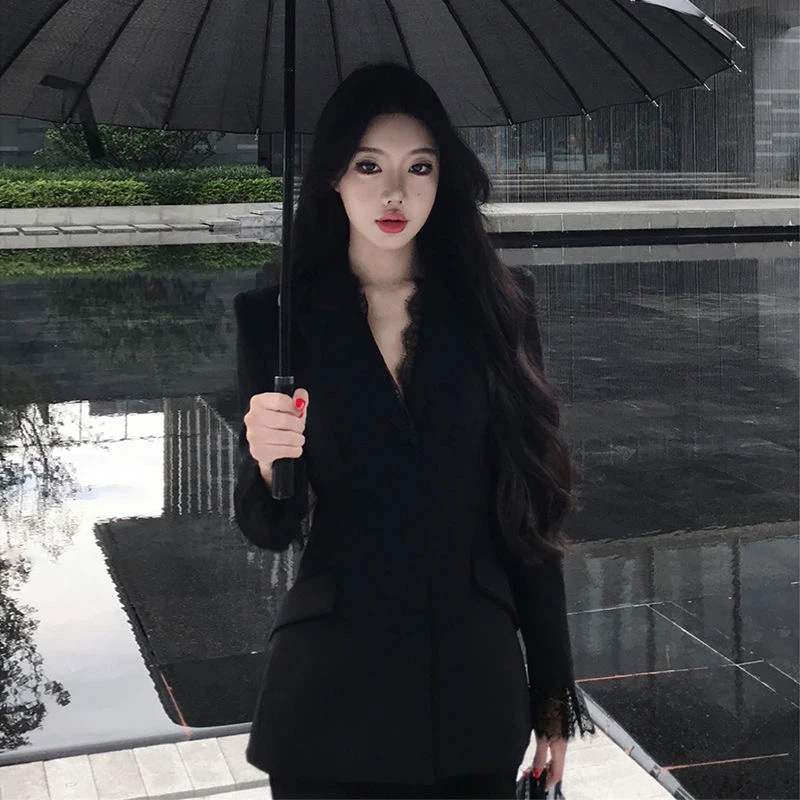 2025春装新款  蕾丝拼接长袖西装外套御姐范气质西装款两件套