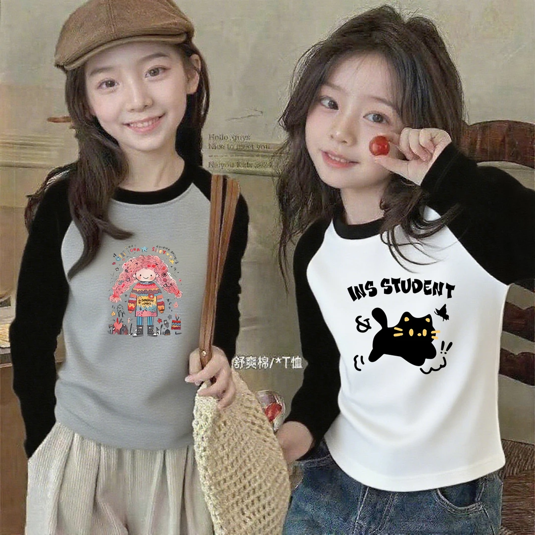 纯棉中大童休闲t恤女童洋气打底衫儿童插肩长袖上衣2025春秋新款