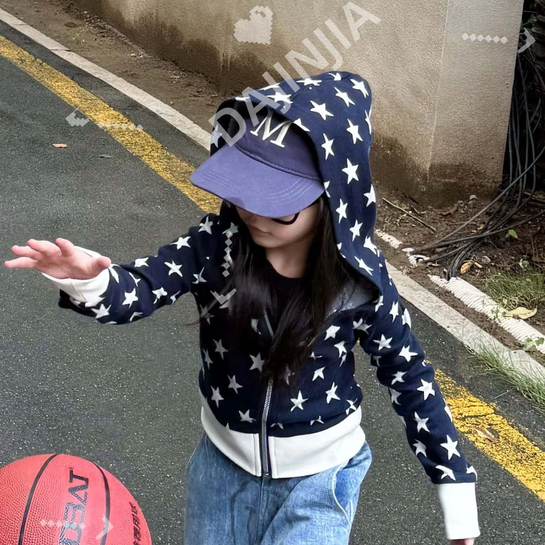 大金定制潮牌大连帽拉链开衫撞色满印星星针织纱线连帽卫衣上衣