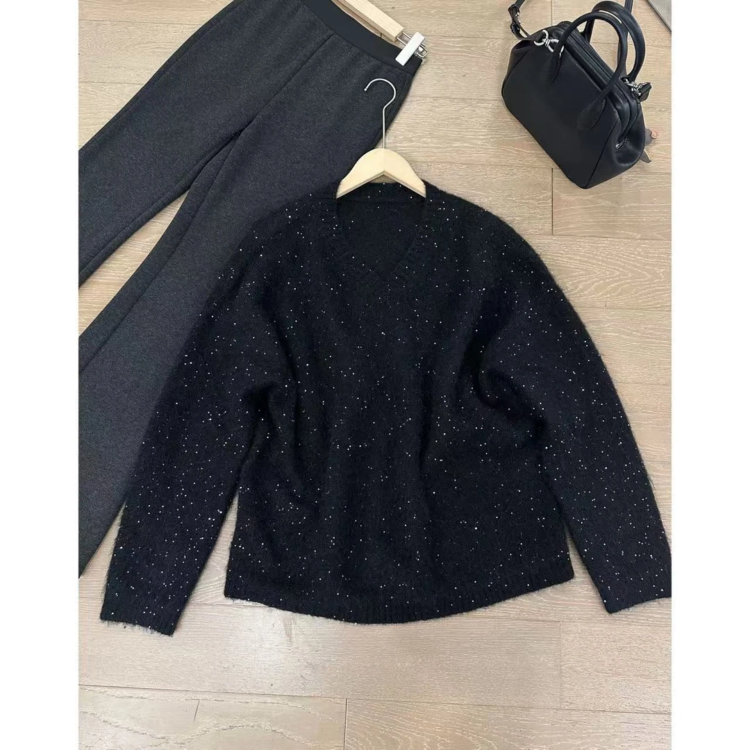 月月不吃鱼休闲百搭星空毛衣慵懒V领长袖重工亮片毛衣 2412B5897