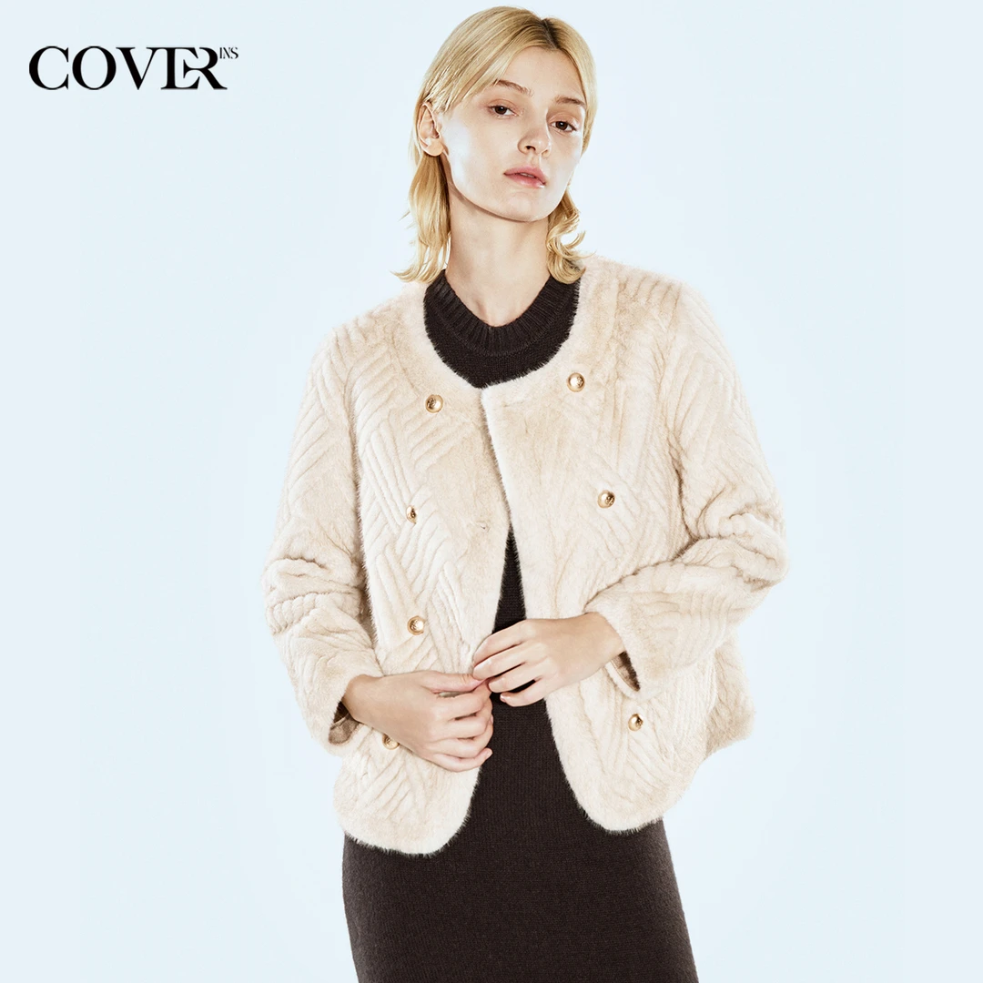 COVERINS时尚复古圆领环保毛绒短外套