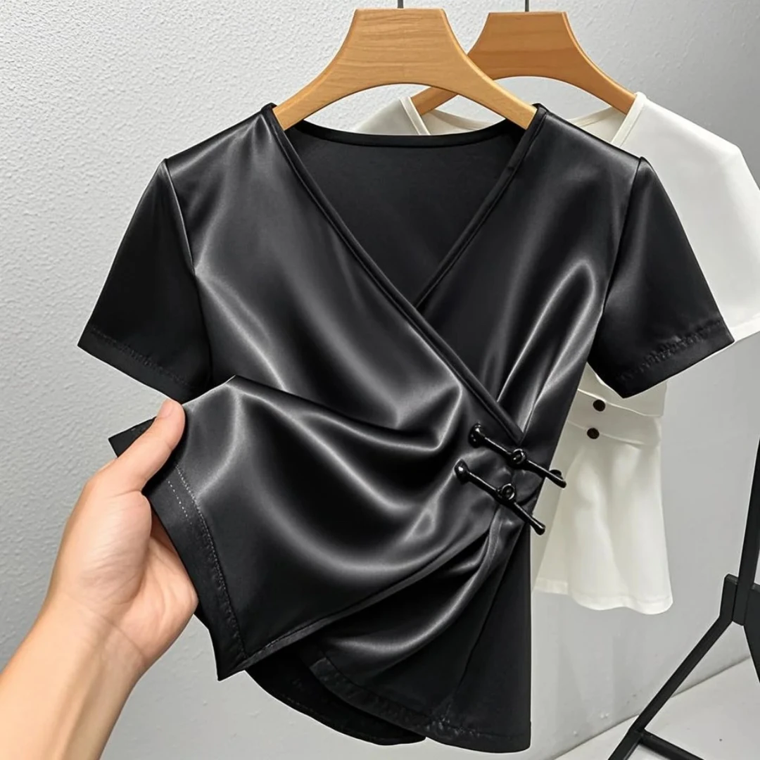 新中式高级感显瘦v领黑色短袖t恤女2025夏季新款气质温婉大方上衣