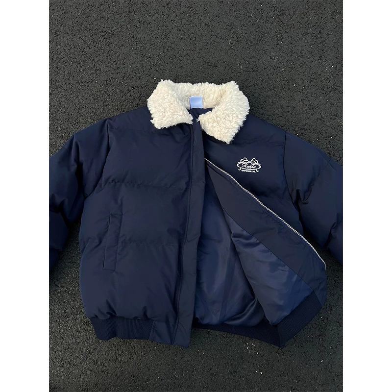 300斤胖mm大码女装美式高街时尚蓝色外套棉服女加厚保暖显瘦棉衣