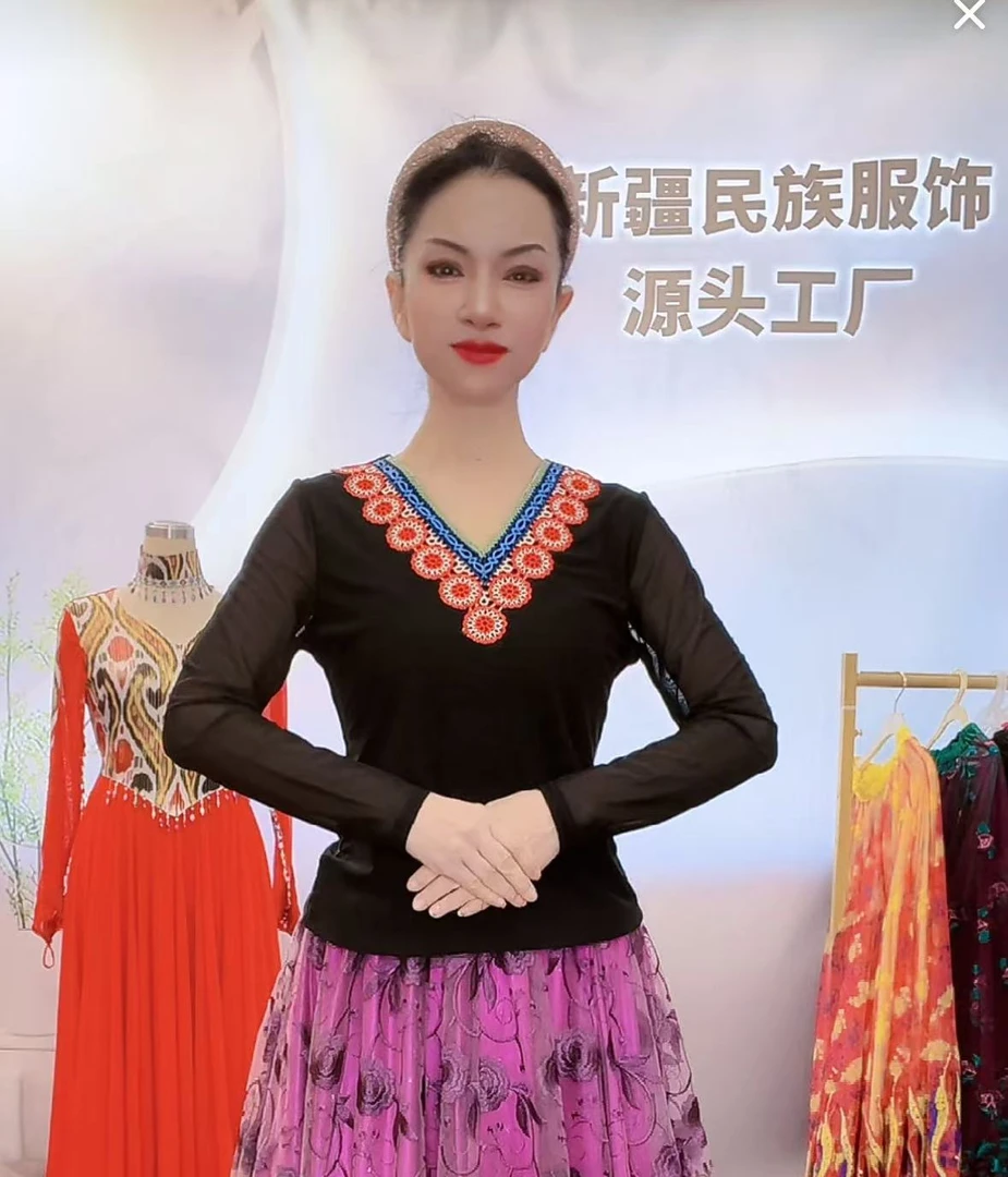 【厂家直销】新疆民族风弹力网纱/新款V领彩色蕾丝花边领上衣