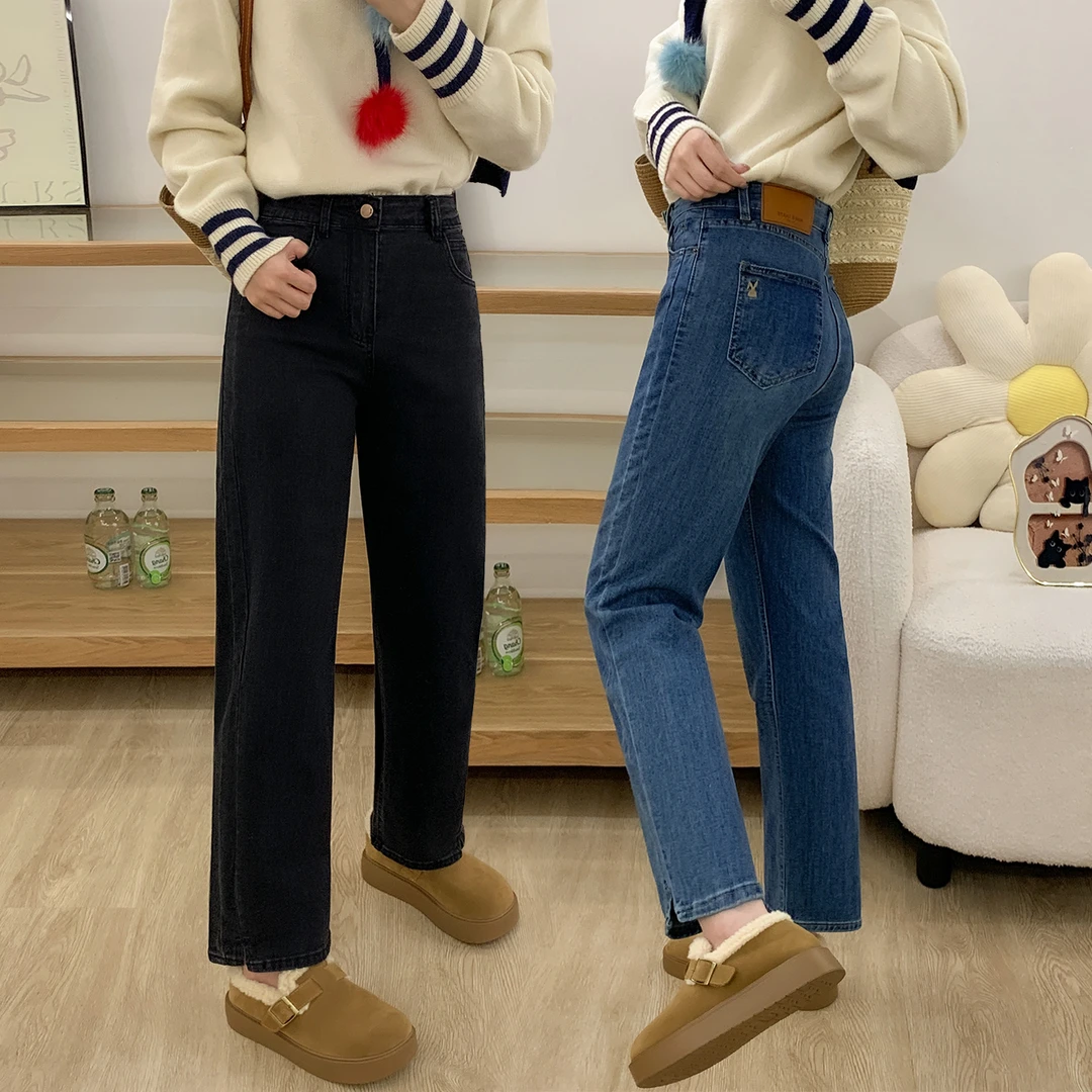 蓝色直筒牛仔裤女2025新款秋冬加绒胖妹妹梨形身材高腰显瘦九分裤